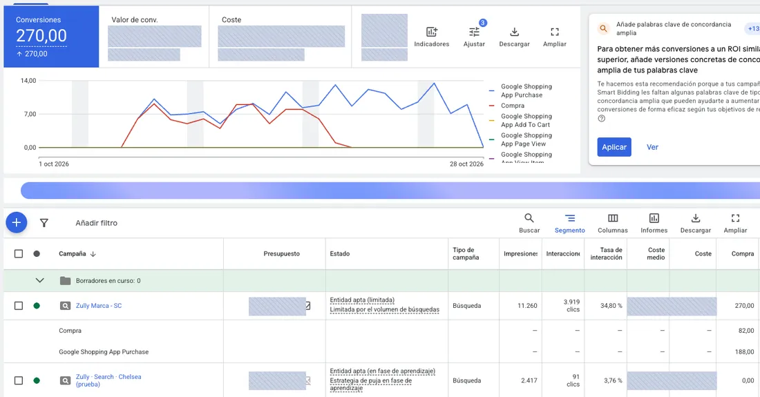 Cuenta de Google Ads de Calzado Zully: 270 conversiones del 1 al 28 de octubre de 2026, con sus campañas